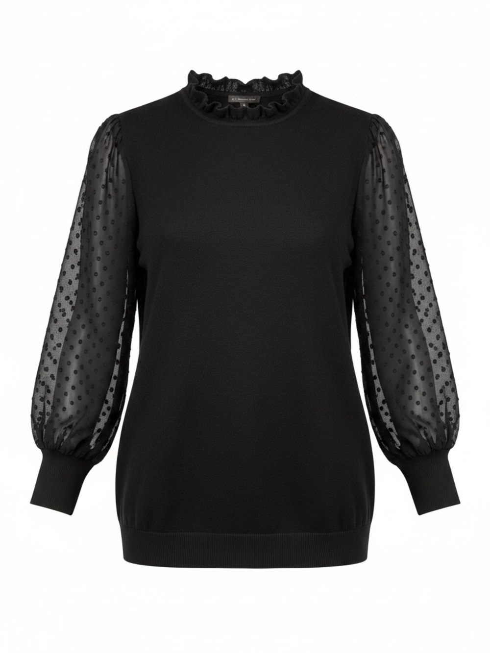 Adrianna Papell Womens Black Ruffled Neck Sheer Sleeve Sweater Size M Minimalist